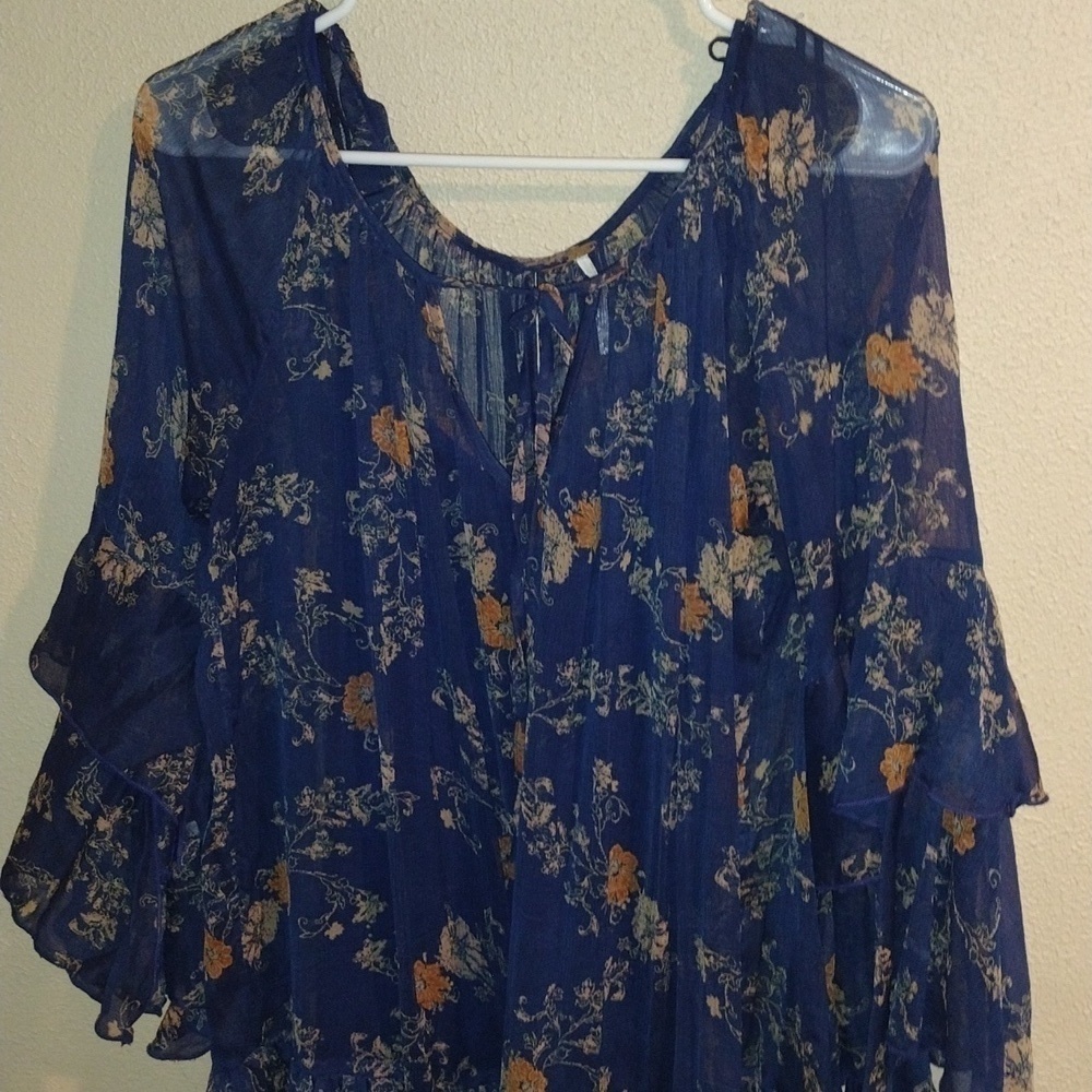 Free People Navy Blue Floral Sunsetter Mini Dress/Tunic Bell Sleeves M - Picture 2 of 6